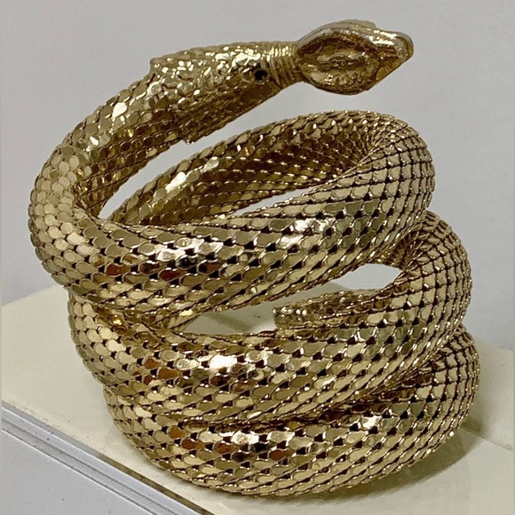 Vintage Whiting & Davis Gold Metal Mesh Serpentine Wrap Around Snake Bracelet - Picture 8 of 11